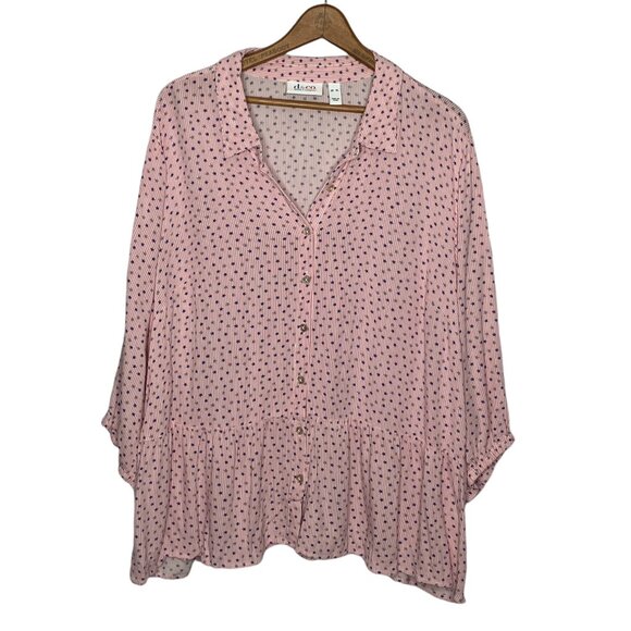 Denim & Co Size XL Pink Striped Star Print Collared 3/4 Sleeve Rayon Peplum Top - Picture 2 of 5